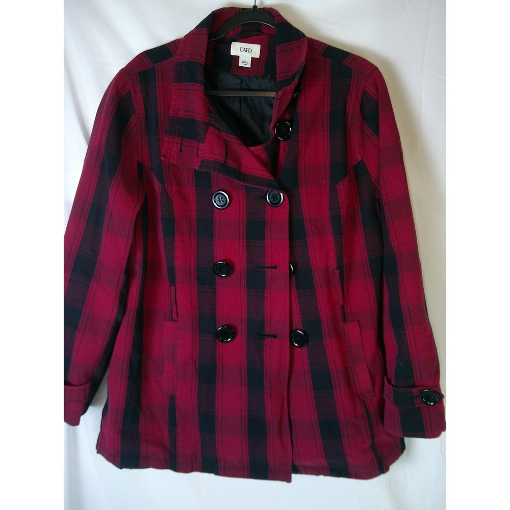Cato Womens Plaid‎ Double Breasted Button Up Coat Jacket Red Black Size L
